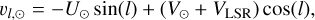 $\[v_{l, \odot}=-U_{\odot} ~\sin (l)+\left(V_{\odot}+V_{\mathrm{LSR}}\right) ~\cos (l),\]$