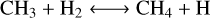 $\mathrm{CH}_{3}+\mathrm{H}_{2} \longleftrightarrow \mathrm{CH}_{4}+\mathrm{H}$