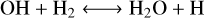 $\mathrm{OH}+\mathrm{H}_{2} \longleftrightarrow \mathrm{H}_{2} \mathrm{O}+\mathrm{H}$