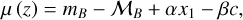 $\[\mu(z)=m_B-\mathcal{M}_B+\alpha x_1-\beta c,\]$