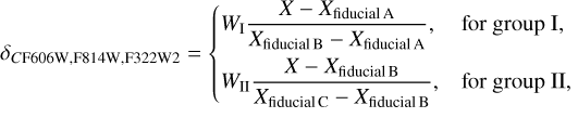 \delta_{ C {\rm F606W, F814W, F322W2}}= \begin{dcases*} \label{eq:1} W_{\rm I} \frac{X-X_{\rm fiducial\,A}}{X_{\rm fiducial\,B}-X_{\rm fiducial\,A}}, & \text{for group I},\\ W_{\rm II} \frac{X-X_{\rm fiducial\,B}}{X_{\rm fiducial\,C}-X_{\rm fiducial\,B}}, & \text{for group II,} \end{dcases*}