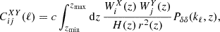 $$ \begin{aligned} C^{XY}_{ij}(\ell ) = c \int _{z_{\rm min}}^{z_{\rm max}}\mathrm{d} z\,{\frac{W_i^X(z)\,W_j^Y(z)}{H(z)\, r^2(z)}P_{\delta \delta }(k_\ell ,z)}, \end{aligned} $$