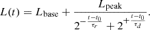 $$ \begin{aligned} L(t) = L_{\rm base} + \frac{L_{\rm peak}}{2^{-\frac{t-t_0}{\tau _r}} + 2^{+\frac{t-t_0}{\tau _d}}}. \end{aligned} $$