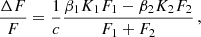 $$ \begin{aligned} \frac{\Delta F}{F}=\frac{1}{c}\frac{\beta _1 K_1 F_1-\beta _2 K_2 F_2}{F_1+F_2}\,, \end{aligned} $$
