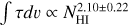 $\[\int \tau d v \propto N_{\mathrm{HI}}^{2.10 \pm 0.22}\]$