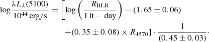 $$ \begin{aligned} {\log }\frac{\lambda L_{{\lambda }}(5100)}{10^{44}\,\mathrm{erg/s}}&= \left[\log \left(\frac{R_{\mathrm{BLR} }}{1\,\mathrm{lt-day}}\right) - (1.65 \pm 0.06)\right.\nonumber \\&\qquad \left. + (0.35 \pm 0.08) \times R_{4570} \right] \cdot \frac{1}{(0.45 \pm 0.03)}\cdot \end{aligned} $$