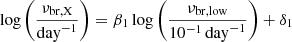 $$ \begin{aligned} \log \left(\frac{\nu _{\mathrm{br,X} }}{\mathrm{day}^{-1}}\right) = \beta _1 \log \left(\frac{\nu _{\mathrm{br,low} }}{10^{-1}\,\mathrm{day}^{-1}}\right) + \delta _1 \end{aligned} $$