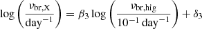 $$ \begin{aligned} \log \left(\frac{\nu _{\mathrm{br,X} }}{\mathrm{day}^{-1}}\right) = \beta _3 \log \left(\frac{\nu _{\mathrm{br,hig} }}{10^{-1}\,\mathrm{day}^{-1}}\right) + \delta _3 \end{aligned} $$