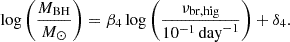 $$ \begin{aligned} \log \left(\frac{M_{\mathrm{BH} }}{M_{\odot }}\right) = \beta _4 \log \left(\frac{\nu _{\mathrm{br,hig} }}{10^{-1}\,\mathrm{day}^{-1}}\right) + \delta _4. \end{aligned} $$