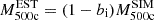 $ M_{\mathrm {500c}}^{\mathrm {EST}} = (1 - b_{\mathrm {i}}) M_{\mathrm {500c}}^{\mathrm {SIM}} $