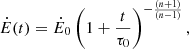 $$ \begin{aligned} \dot{E}(t)=\dot{E}_0\left(1+\frac{t}{\tau _0}\right)^{-\frac{(n+1)}{(n-1)}}, \end{aligned} $$