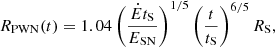 $$ \begin{aligned} R_{\mathrm{PWN} }(t)=1.04 \left(\frac{\dot{E}t_{\mathrm{S} }}{E_{\mathrm{SN} }}\right)^{1/5}\left(\frac{t}{t_{\mathrm{S} }}\right)^{6/5} R_{\mathrm{S} }, \end{aligned} $$