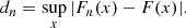 $$ \begin{aligned} d_n = \underset{x}{\sup } \,|F_n(x) - F(x)|. \end{aligned} $$