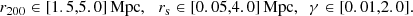 $$ \begin{aligned} r_{200} \in [1.5,5.0]\,\mathrm{Mpc},\,\,\,\, r_{\rm s} \in [0.05,4.0]\,\mathrm{Mpc},\,\,\, \gamma \in [0.01,2.0]. \end{aligned} $$