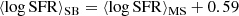$$ \begin{aligned} \langle \log \mathrm{SFR} \rangle _{\rm SB} = \langle \log \mathrm{SFR} \rangle _{\rm MS} + 0.59 \end{aligned} $$