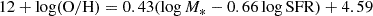 $$ \begin{aligned} 12 + \log (\mathrm{O/H}) = 0.43 (\log M_*- 0.66 \log \mathrm{SFR}) + 4.59 \end{aligned} $$