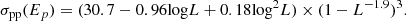 $$ \begin{aligned} \sigma _{\mathrm{pp}}(E_{p}) = (30.7-0.96{\mathrm{log}}L+0.18{\mathrm{log}^{2}}L)\times (1-L^{-1.9})^{3}. \end{aligned} $$