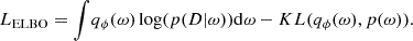 $$ \begin{aligned} L_{\rm ELBO} = \int \!q_{\phi }(\mathrm{{\omega }}) \log (p(D|\mathrm{{\omega }})) \mathrm{{d\omega }} - KL( q_{\phi }(\mathrm{{\omega }}), p(\mathrm{{\omega }}) ). \end{aligned} $$