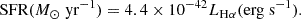 $$ \begin{aligned} \text{ SFR}(M_{\odot }\; \mathrm{yr}^{-1}) = 4.4\times 10^{-42}L_{\rm {H\alpha }}(\mathrm {erg\;s}^{-1}). \end{aligned} $$