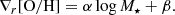 $$ \begin{aligned} \nabla _{r}[\mathrm{O} / \mathrm{H} ]= \alpha \log M_{\star }+ \beta . \end{aligned} $$