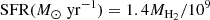$$ \begin{aligned} \mathrm{SFR}(M_{\odot }\;\mathrm{yr}^{-1}) = 1.4M_{\rm H_2}/10^9 \end{aligned} $$