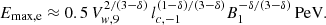$$ E_{\mathrm {max,e}} \approx 0.5 \, V_{w,9}^{2/(3-\delta )} \, l_{c,-1}^{(1-\delta )/(3-\delta )} B_1^{-\delta /(3-\delta )} \, {\rm PeV}. $$