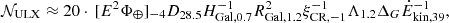 $$ {\cal {{N}}}_{\mathrm {ULX}} \approx {20} \cdot \, [E^2 \Phi _{\oplus }]_{-4} D_{28.5} H_{\mathrm {Gal,0.7}}^{-1} R_{\mathrm {Gal,1.2}}^2 \xi ^{-1}_{\mathrm {CR, -1}} \Lambda _{1.2} {\Delta _G}\dot {E}_{\mathrm {kin,{39}}}^{-1}, $$