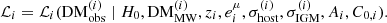 $$ {\cal {{L}}}_i={\cal {{L}}}_i({{\mathrm {DM}}_{\mathrm {obs}}^{(i)}}\mid H_0, {{\mathrm {DM}}_{\mathrm {MW}}^{(i)}}, z_i, e^\mu _i, \sigma _{\mathrm {host}}^{(i)}, \sigma _{\mathrm {IGM}}^{(i)}, A_i, C_{0,i}). $$