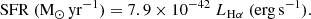 $$ \begin{aligned} \mathrm{SFR} \ (\mathrm{M_{\odot } \, yr^{-1}}) = 7.9 \times 10^{-42} \ L_{\mathrm{H}\alpha } \ \mathrm{(erg \, s^{-1}}). \end{aligned} $$
