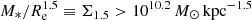 $ M_*/R_{\mathrm{e}}^{1.5} \equiv \Sigma_{1.5} > 10^{10.2}\,M_{\odot}\,\mathrm{kpc}^{-1.5} $