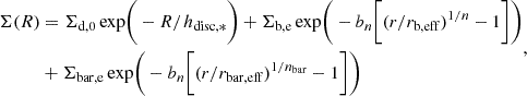 $$ \begin{aligned} \begin{aligned} \Sigma (R)&= \Sigma _{\rm d,0}\, \mathrm{exp} \bigg (- R/h_{\rm disc, *} \bigg ) + \Sigma _{\rm b,e} \,\mathrm{exp}\bigg ( -b_{n} \bigg [(r/r_{\rm b,eff})^{1/n} -1 \bigg ] \bigg ) \\&+\Sigma _{\rm bar,e} \,\mathrm{exp}\bigg ( -b_{n} \bigg [(r/r_{\rm bar,eff})^{1/n_{\rm bar}} -1 \bigg ] \bigg ) \end{aligned}, \end{aligned} $$