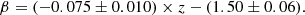 $$ \begin{aligned} \beta = (-0.075 \pm 0.010) \times z - (1.50 \pm 0.06). \end{aligned} $$