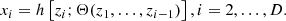 $$ \begin{aligned} x_i&= h \left[z_i; \Theta (z_1, \ldots , z_{i - 1})\right], i = 2, \ldots , D. \end{aligned} $$