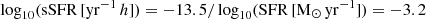 $ \log_{10}(\mathrm{sSFR}\,[\mathrm{yr}^{-1}\,h]) = -13.5/\log_{10}(\mathrm{SFR}\,[\mathrm{M_{\odot}\,yr^{-1}}]) = -3.2 $