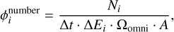 $\phi _i^{{\rm{number\;}}} = \frac{{{N_i}}}{{\Delta t \cdot \Delta {E_i} \cdot {\Omega _{{\rm{omni\;}}}} \cdot A}},$