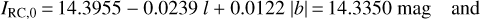 $\[I_{\mathrm{RC}, 0}=14.3955-0.0239 l+0.0122|b|=14.3350 ~\mathrm{mag} \quad \text { and }\]$