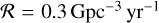 \mathcal{R}=0.3 \mathrm{Gpc}^{-3} \mathrm{yr}^{-1}