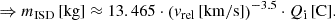 $$ \begin{aligned}&\Rightarrow m_{\mathrm{ISD} }\,[\mathrm{kg}] \approx 13.465 \cdot \left(v_{\mathrm{rel} }\,[\mathrm{km/s}]\right)^{-3.5}\cdot Q_{\mathrm{i} }\,[\mathrm{C}] . \end{aligned} $$