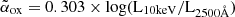 $ \tilde{\alpha}_{\mathrm{ox}}=0.303\times\mathrm{log(L_{\mathrm{10keV}}/L_{2500\AA})} $