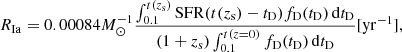$$ R_{\mathrm {Ia}} = 0.00084M^{-1}_\odot \frac {\int ^{t(z_{\mathrm {s}})}_{0.1} {\mathrm {SFR}}(t(z_{\mathrm {s}})-t_{\mathrm {D}})f_{\mathrm {D}}(t_{\mathrm {D}})\,{\mathrm {d}}t_{\mathrm {D}}}{(1+z_{\mathrm {s}}) \int _{0.1}^{t(z = 0)}f_{\mathrm {D}}(t_{\mathrm {D}})\,{\mathrm {d}}t_{\mathrm {D}}} [{\mathrm {yr}}^{-1}], $$