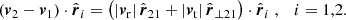 $$ \begin{aligned} \left( \boldsymbol{v}_2 - \boldsymbol{v}_1 \right) \cdot \hat{\boldsymbol{r}}_i = \left( \left| \boldsymbol{v}_{\mathrm{r} }\right| \hat{\boldsymbol{r}}_{21} + \left| \boldsymbol{v}_{\mathrm{t} } \right| \hat{\boldsymbol{r}}_{\perp 21} \right) \cdot \hat{\boldsymbol{r}}_i \;, \quad i = 1,2. \end{aligned} $$