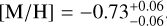 [\mathrm{M} / \mathrm{H}]=-0.73_{-0.06}^{+0.06}