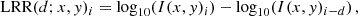 $$ \begin{aligned} \mathrm{LRR} (d;x,y)_i = \log _{10}(I(x,y)_i) - \log _{10}(I(x,y)_{i-d})\,, \end{aligned} $$