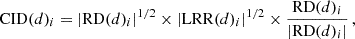 $$ \begin{aligned} \mathrm{CID} (d)_i = |\mathrm{RD} (d)_i |^{1/2} \times |\mathrm{LRR} (d)_i|^{1/2} \times \frac{\mathrm{RD} (d)_i}{|\mathrm{RD} (d)_i|}\,, \end{aligned} $$