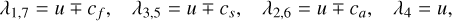 $\[\lambda_{1,7}=u \mp c_f, \quad \lambda_{3,5}=u \mp c_s, \quad \lambda_{2,6}=u \mp c_a, \quad \lambda_4=u,\]$