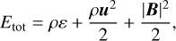 $\[E_{\mathrm{tot}}=\rho \varepsilon+\frac{\rho \boldsymbol{u}^2}{2}+\frac{|\boldsymbol{B}|^2}{2},\]$