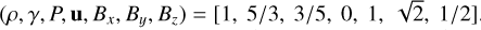 $\[\left(\rho, \gamma, P, \mathbf{u}, B_{x}, B_{y}, B_{z}\right)=[1,5 / 3,3 / 5,0,1, \sqrt{2}, 1 / 2]\]$