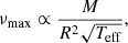 $$ \begin{aligned} \nu _{\rm max}&\propto \frac{M}{R^2 \sqrt{T_{\rm eff}}}, \end{aligned} $$
