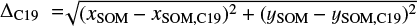 $\[\Delta_{\mathrm{C} 19}= \sqrt{\left(x_{\text {SOM }}-x_{\text {SOM,C19 }}\right)^{2}+\left(y_{\text {SOM }}-y_{\text {SOM,C19 }}\right)^{2}}\]$