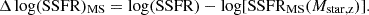 $$ \Delta \log (\mathrm {SSFR})_\mathrm {MS}=\log (\mathrm {SSFR}) -\log [\mathrm {SSFR}_\mathrm {MS}(M_\mathrm {star,z})]. $$